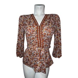 Max Studio Top Womens Floral V-Neck Tie Waist Peplum Blouse Brown Multi Size XS